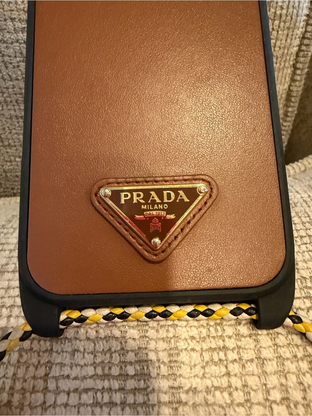 Prada Tan Brown Leather Phone Case with Black Trim and Braided Lanyard